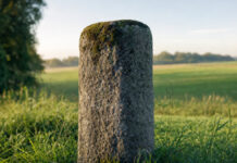Ein verwitterter Grenzstein aus grauem Granit steht aufrecht im hohen Gras, Moos auf der glatten Kuppe, dahinter eine weite Wiese im klaren Morgenlicht