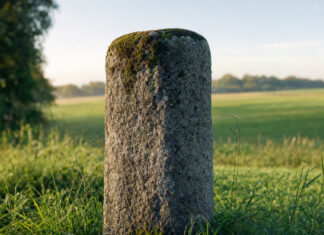 Ein verwitterter Grenzstein aus grauem Granit steht aufrecht im hohen Gras, Moos auf der glatten Kuppe, dahinter eine weite Wiese im klaren Morgenlicht