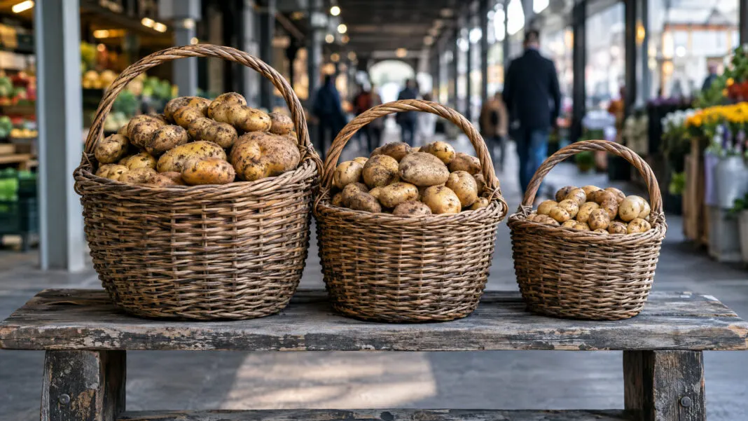 Drei verschieden große Weidenkörbe mit Kartoffeln nebeneinander auf einer Holzbank