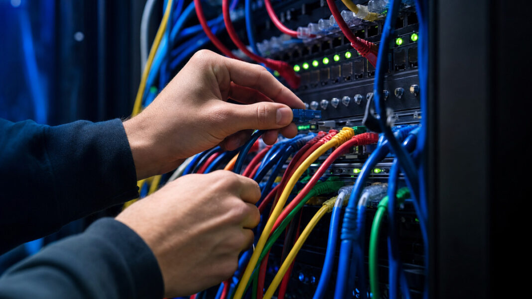 Hände stecken bunte Netzwerkkabel in ein Patchfeld