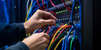Hände stecken bunte Netzwerkkabel in ein Patchfeld