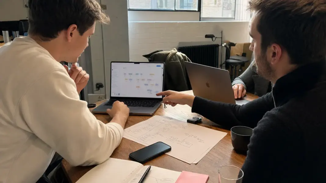 Startup-Team bespricht MCP-Server-Workflow an einem Tisch mit Laptop und Notizen.