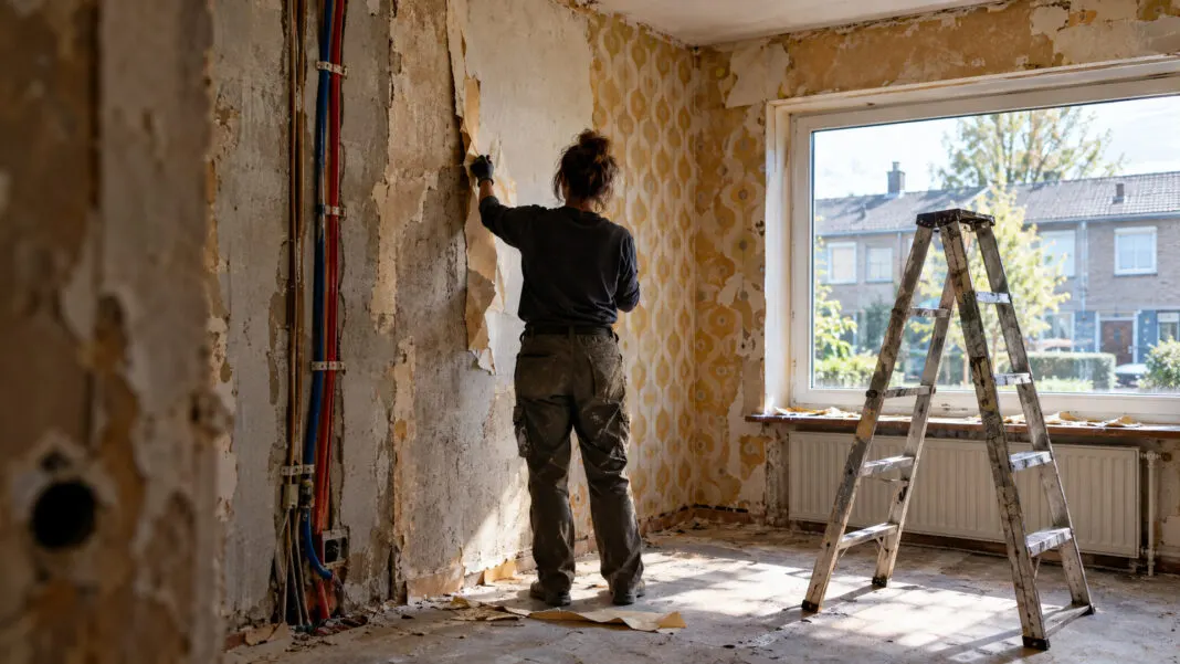 Unsanierter Wohnraum mit abgezogener Tapete, freigelegten Leitungen und einer Leiter vor dem Fenster