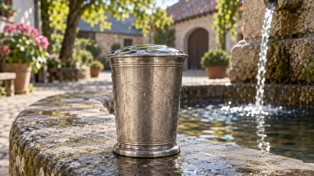 Ein randvoll gefüllter Zinnbecher auf einer Steinbank, die Wasseroberfläche wölbt sich knapp über dem Rand