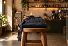 Dunkle unbeschriftete Arbeitsschürze auf einem Holzhocker in einem kleinen Café