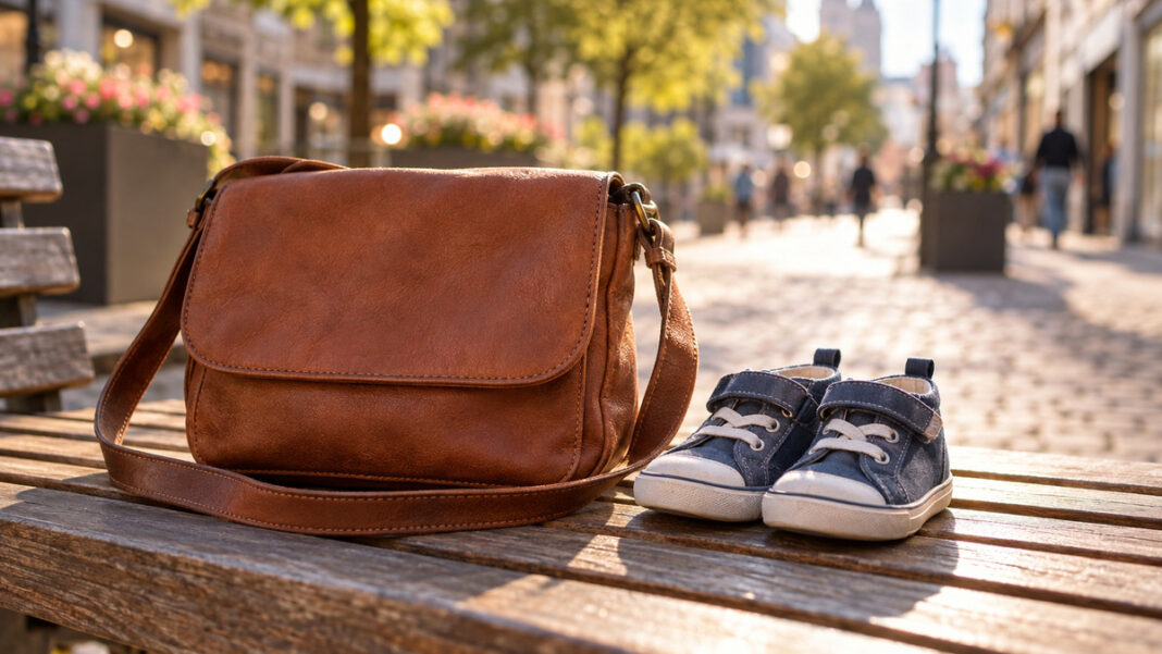 Umhängetasche und kleine Kinderschuhe nebeneinander auf einer Holzbank