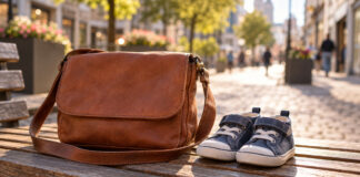 Umhängetasche und kleine Kinderschuhe nebeneinander auf einer Holzbank