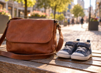Umhängetasche und kleine Kinderschuhe nebeneinander auf einer Holzbank