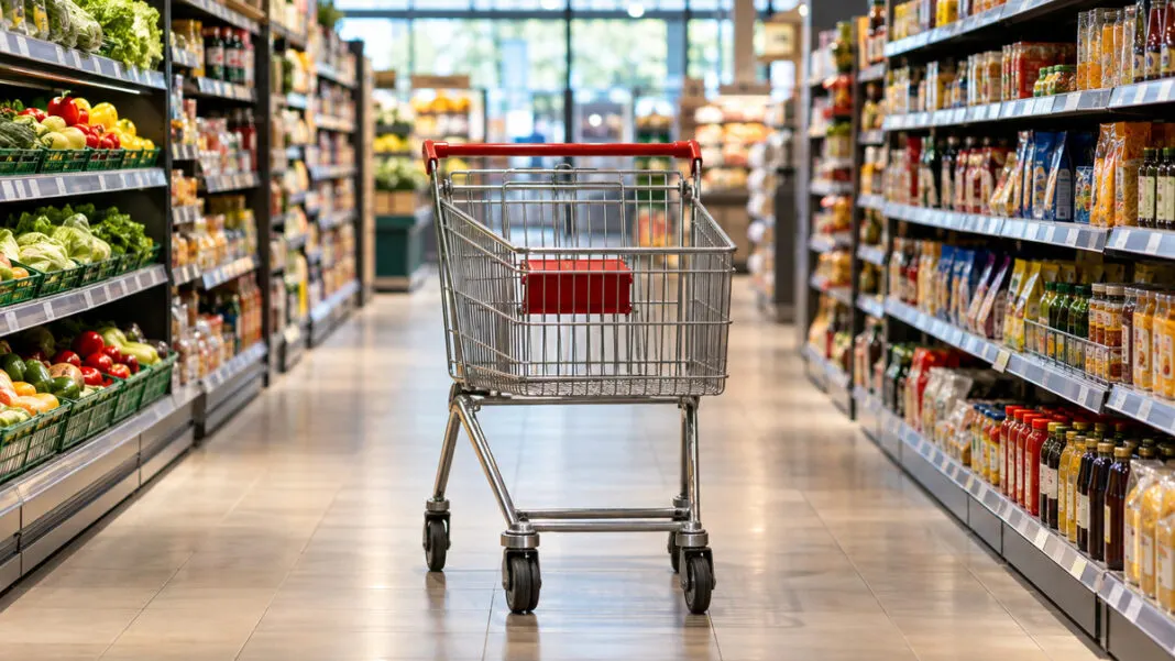 Leerer Einkaufswagen mit Kindersitz in einem Supermarktgang