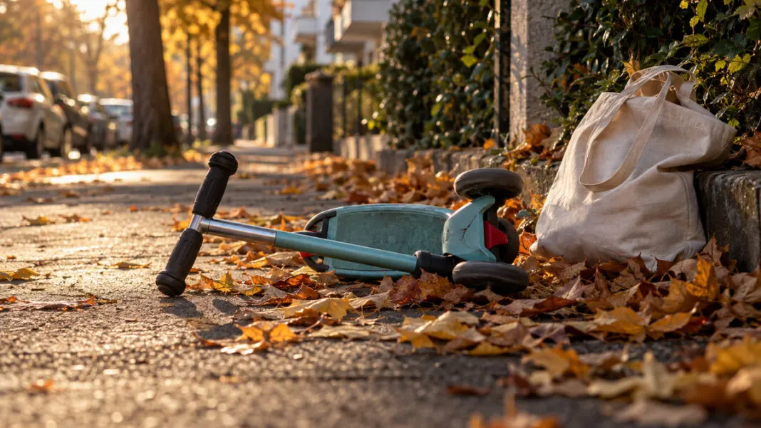 Umgekippter Kinderroller und Stofftasche auf einem Gehweg mit Herbstlaub