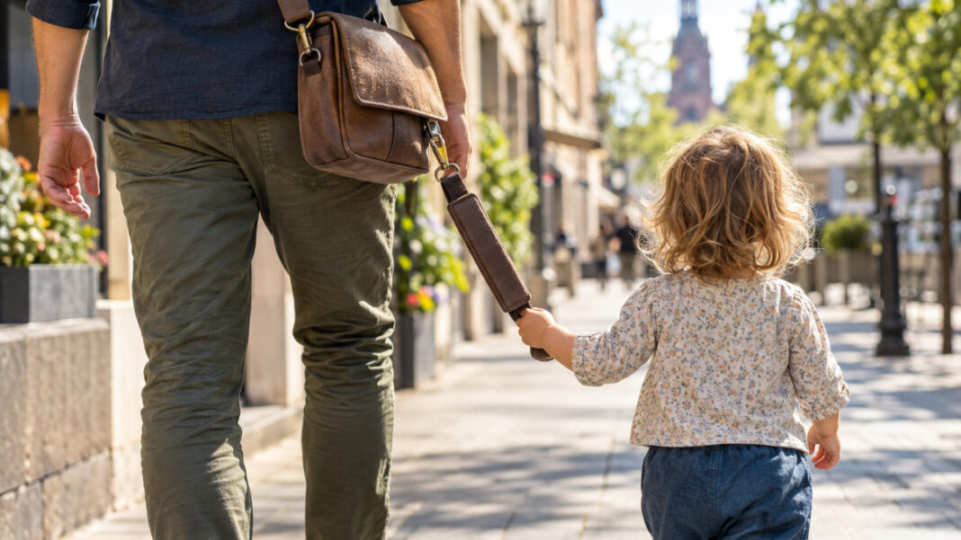 monobag-tragehilfe-hoehle-der-loewen Braune Umhaengetasche mit gepolstertem Tragegriff, an dem sich ein kleines Kind auf dem Gehweg festhaelt