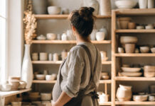 Schwangere Keramikerin in ihrem Atelier vor Regalen mit Keramik