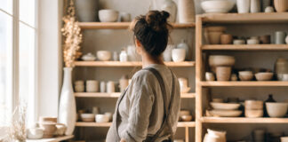 Schwangere Keramikerin in ihrem Atelier vor Regalen mit Keramik