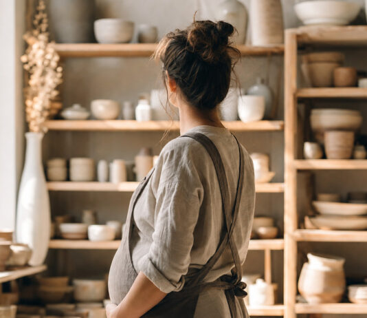 Schwangere Keramikerin in ihrem Atelier vor Regalen mit Keramik