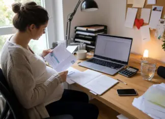 Schwangere Selbstständige plant Versicherung, Finanzen und Auszeit am Schreibtisch