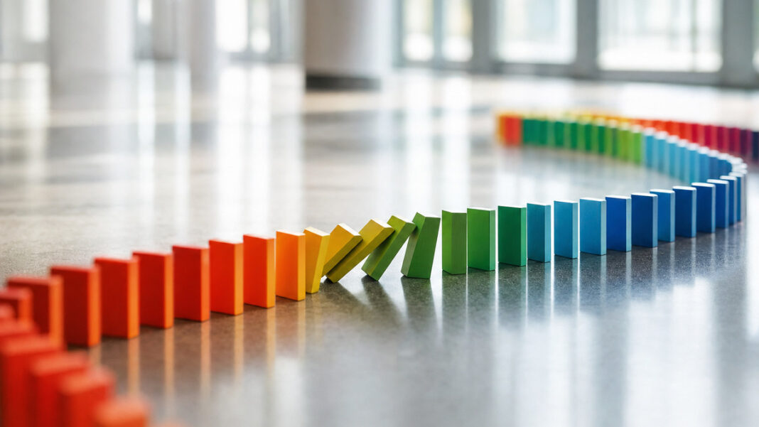 Lange Reihe bunter Dominosteine fällt kettenartig um