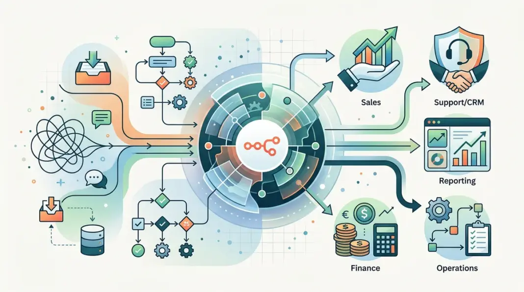 Abstrakte Visualisierung von n8n Automatisierung für Startups mit verknüpften Sales-, Support- und Ops-Workflows