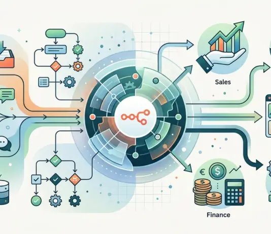 Abstrakte Visualisierung von n8n Automatisierung für Startups mit verknüpften Sales-, Support- und Ops-Workflows