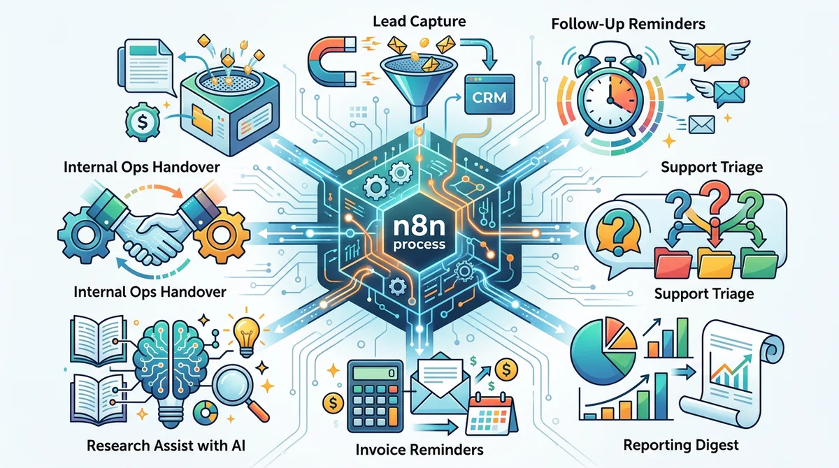 Abstrakte Übersicht von sieben n8n Workflows für Sales, Support und Operations