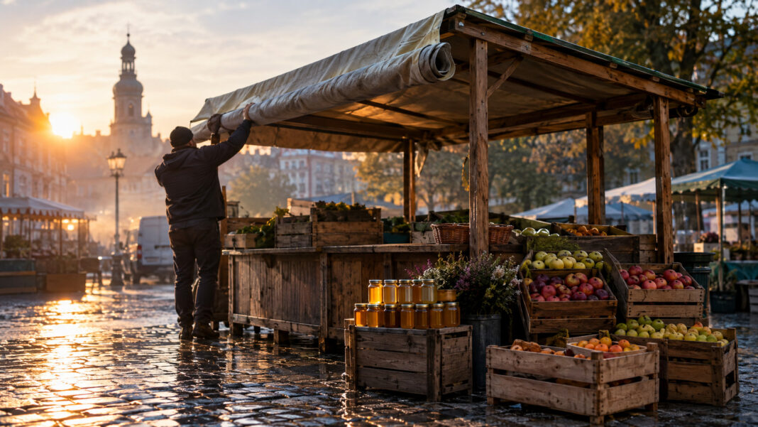 Nebenbei Geld verdienen: Ideen, Grenzen und was du anmelden musst Ein hölzerner Marktstand wird im Morgengrauen aufgeklappt, die Zeltplane noch halb gerollt, daneben stehen Obstkisten und unbeschriftete Honiggläser auf nassem Kopfsteinpflaster.