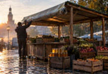 Ein hölzerner Marktstand wird im Morgengrauen aufgeklappt, die Zeltplane noch halb gerollt, daneben stehen Obstkisten und unbeschriftete Honiggläser auf nassem Kopfsteinpflaster.