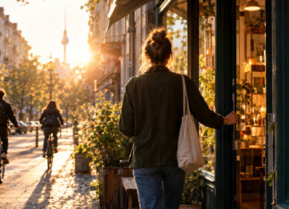 Frau schließt am Morgen die Tür eines kleinen Ladens in einer Berliner Altbaustraße auf, Radfahrer im Gegenlicht