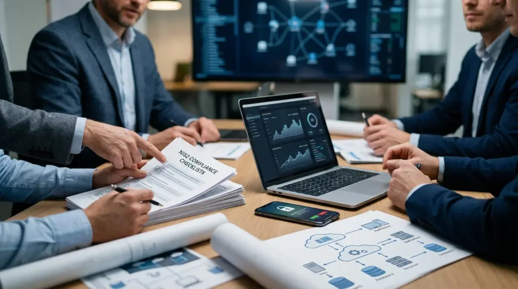 nis2-saas-startups Startup-Team prüft NIS2-SaaS-Sicherheitsunterlagen in modernem Büro