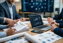 Startup-Team prüft NIS2-SaaS-Sicherheitsunterlagen in modernem Büro