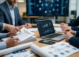 Startup-Team prüft NIS2-SaaS-Sicherheitsunterlagen in modernem Büro