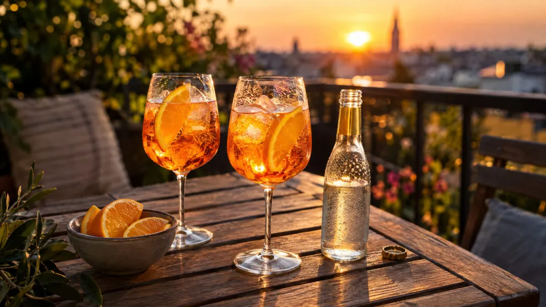 Zwei Glaeser mit orangefarbenem Aperitif und Orangenscheiben auf einem Balkontisch im Abendlicht