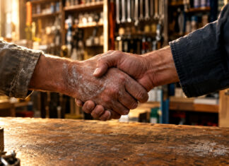 Zwei schwielige Hände schließen über einer abgewetzten Ladentheke aus Eichenholz einen festen Handschlag, Kalkstaub auf den Handrücken, warmes Seitenlicht von links