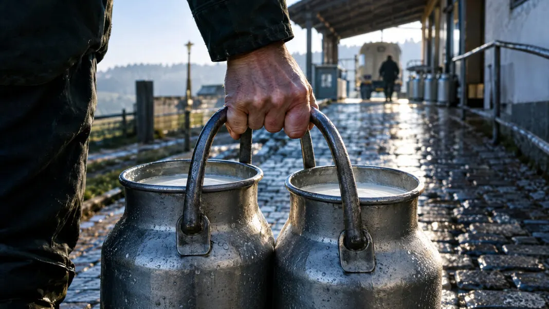 Eine Hand trägt die Bügel zweier voller Zinkmilchkannen gleichzeitig