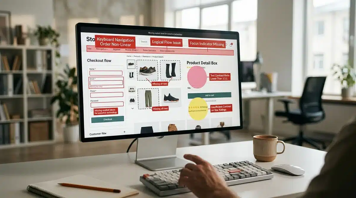 Online-Shop-Interface mit typischen Barrieren bei Navigation, Kontrast und Checkout