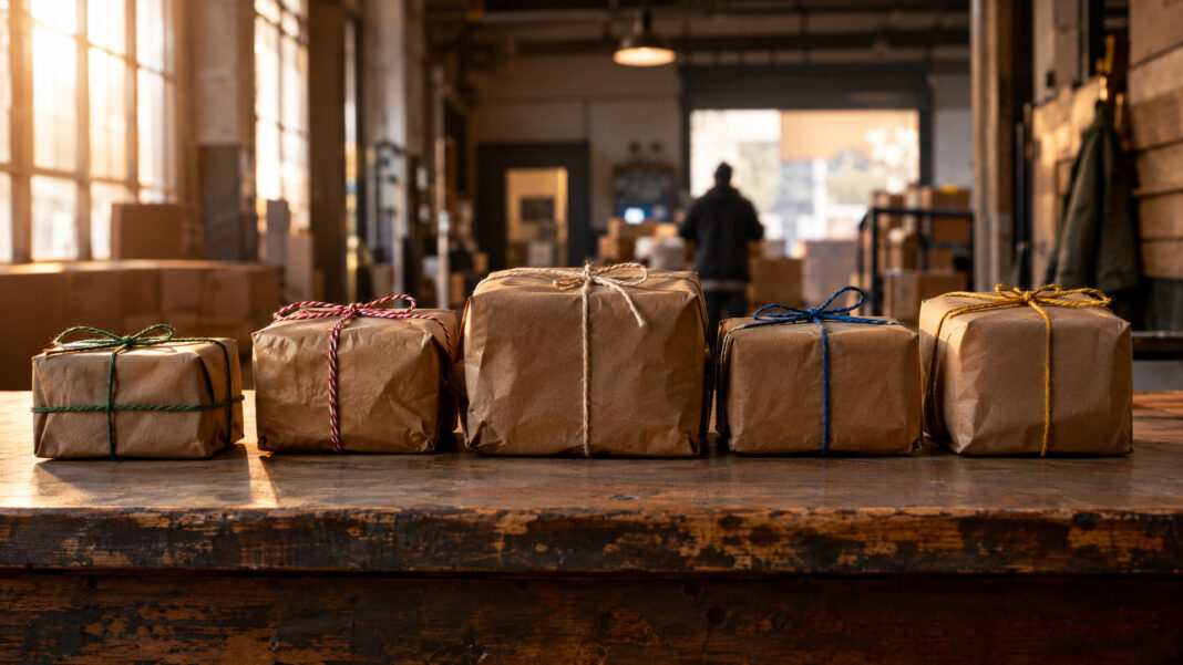 OSS Online-Shop 2026: One Stop Shop und EU-Umsatzsteuer erklärt Fünf verschnürte Packpapier-Pakete mit unterschiedlich farbigen Kordeln stehen aufgereiht vor einem einzigen abgenutzten Holztresen, warmes Seitenlicht