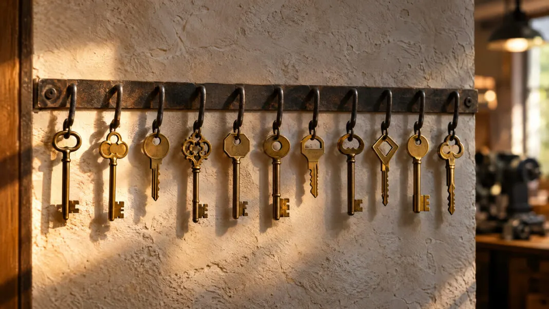 Zwölf unterschiedlich geformte Messingschlüssel hängen in einer Reihe an Haken an einer gekalkten Wand.