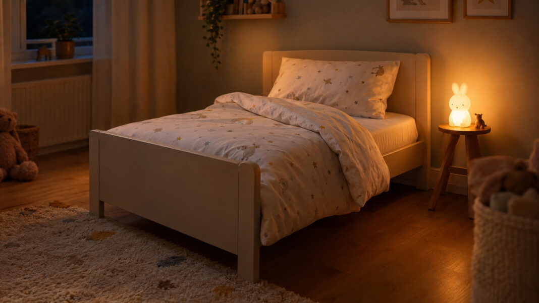 Frisch bezogenes Kinderbett mit heller Bettwäsche und einem kleinen Nachtlicht im Kinderzimmer