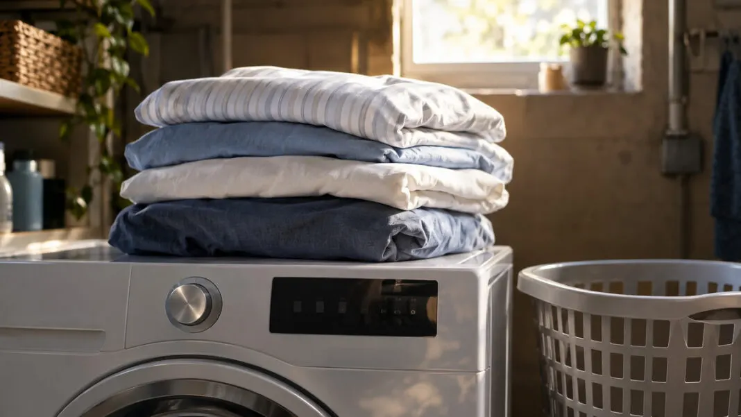 Stapel frisch gewaschener Bettwäsche auf einer Waschmaschine neben einem leeren Wäschekorb