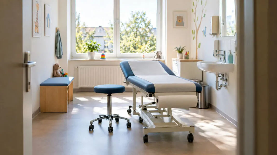 Leeres Behandlungszimmer beim Kinderarzt mit Untersuchungsliege und Waschbecken