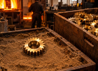 Ein einzelnes frisch gegossenes Messingzahnrad liegt auf einem Sandbett, daneben eine Holzkiste voller gleicher Messingzahnräder, warmes Ofenlicht auf dem Metall