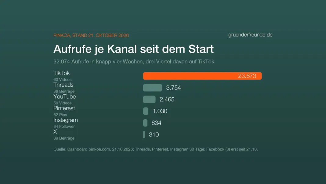Balkengrafik: Aufrufe von Pinkoa je Kanal bis 21. Oktober 2026, TikTok 23.673, Threads 3.754, YouTube 2.465, Pinterest 1.030, Instagram 834, X 310