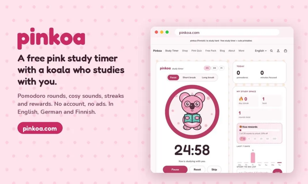 Lern-Timer von Pinkoa mit dem pinken Koala Koa und einer laufenden Fokusrunde