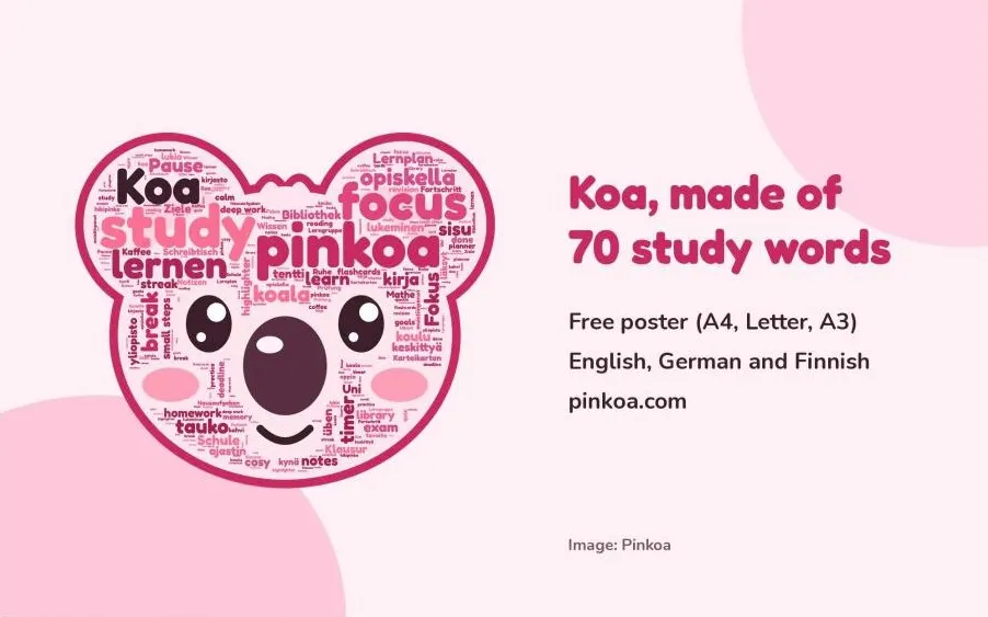 Poster mit dem Kopf des Koalas Koa, zusammengesetzt aus Lernwörtern auf Deutsch, Englisch und Finnisch
