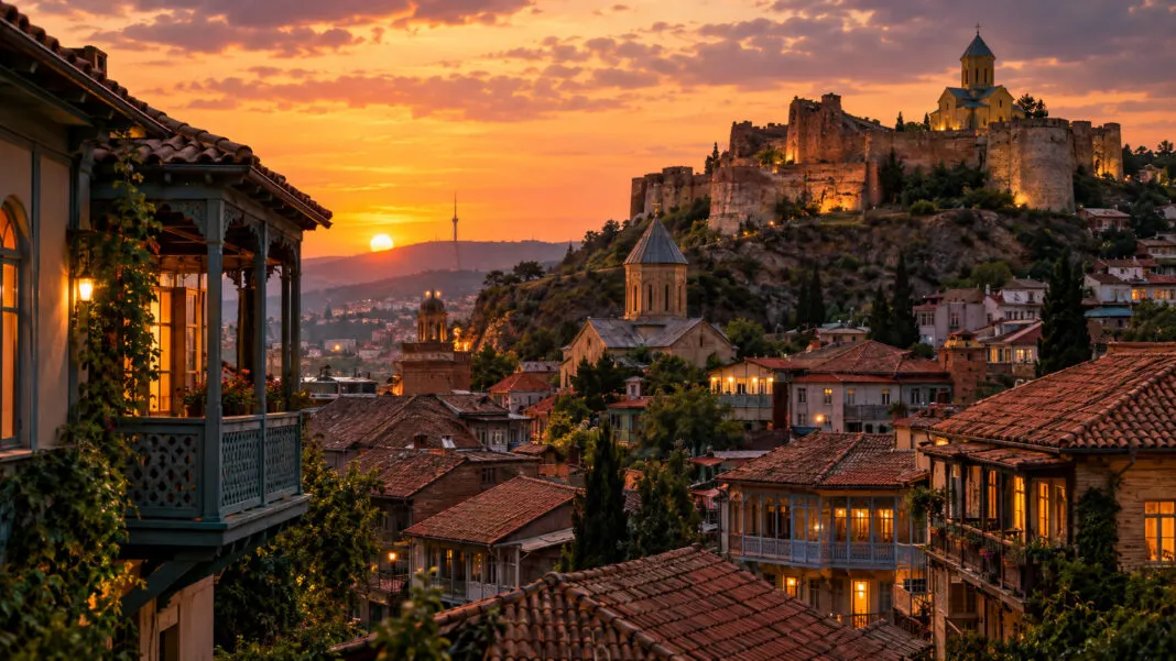 Altstadt von Tiflis bei Sonnenuntergang mit Holzbalkonen, Ziegeldächern und der Festung auf dem Hügel
