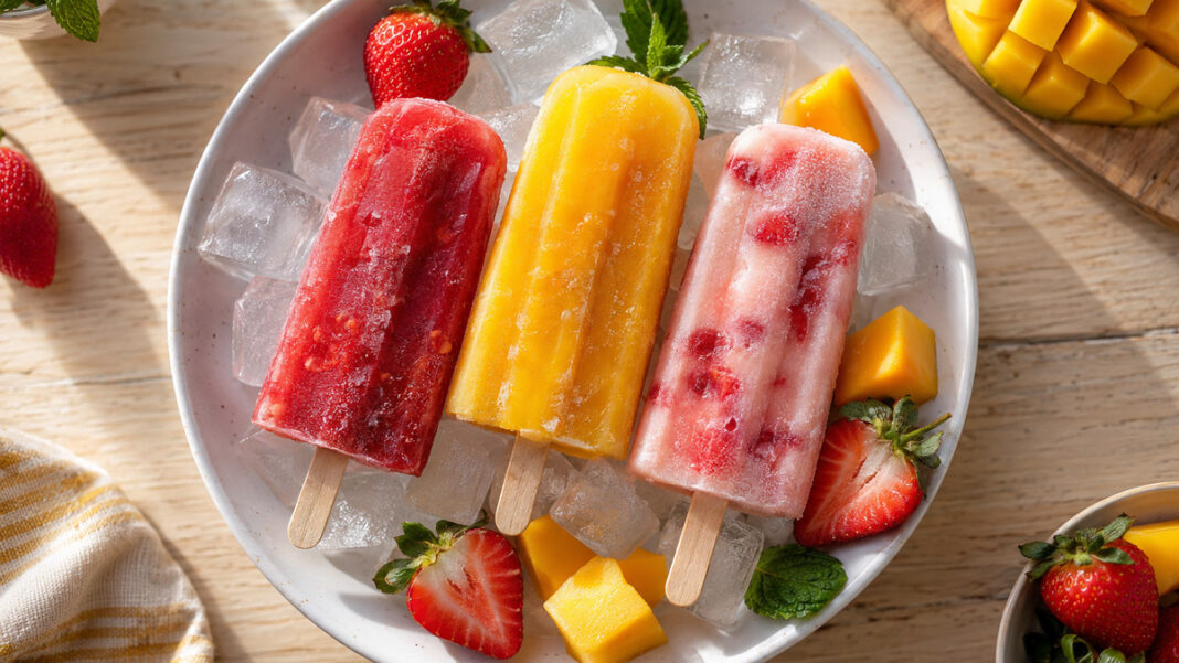 Poppy's bei der Höhle der Löwen: Fruchteis ohne Zucker zum Selbsteinfrieren Drei bunte Fruchteisstangen auf einer weißen Schale mit Eiswürfeln neben Erdbeeren und Mangostücken