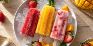 Drei bunte Fruchteisstangen auf einer weißen Schale mit Eiswürfeln neben Erdbeeren und Mangostücken