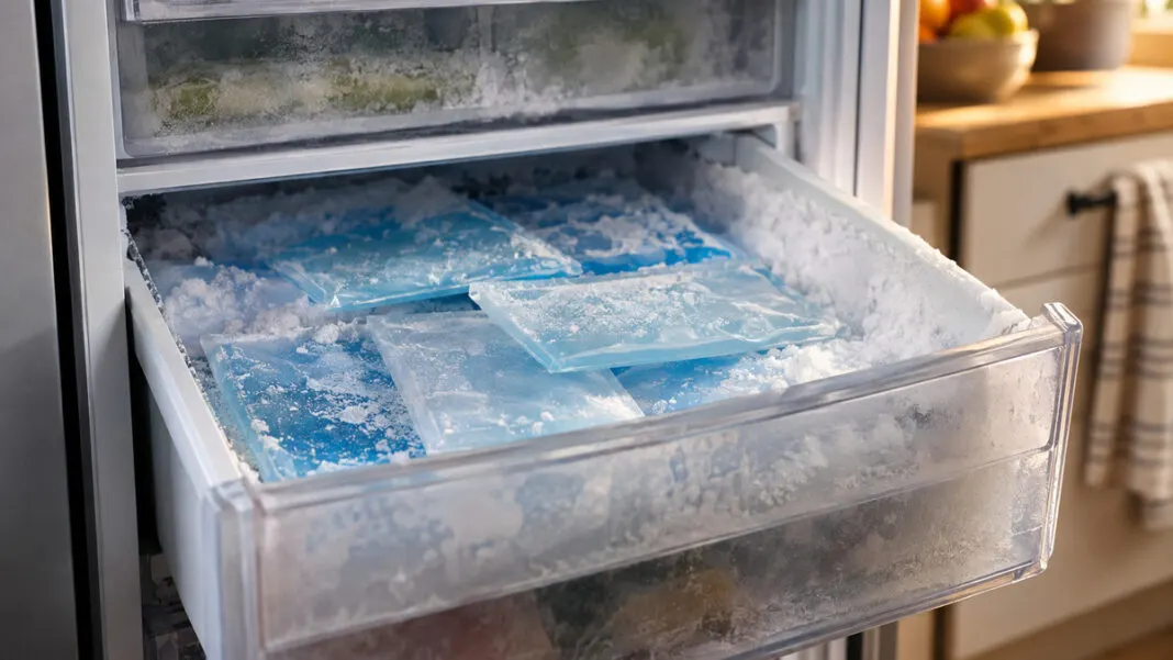 Geöffnete Gefrierfachschublade mit flachen Eishüllen zwischen Frostkristallen