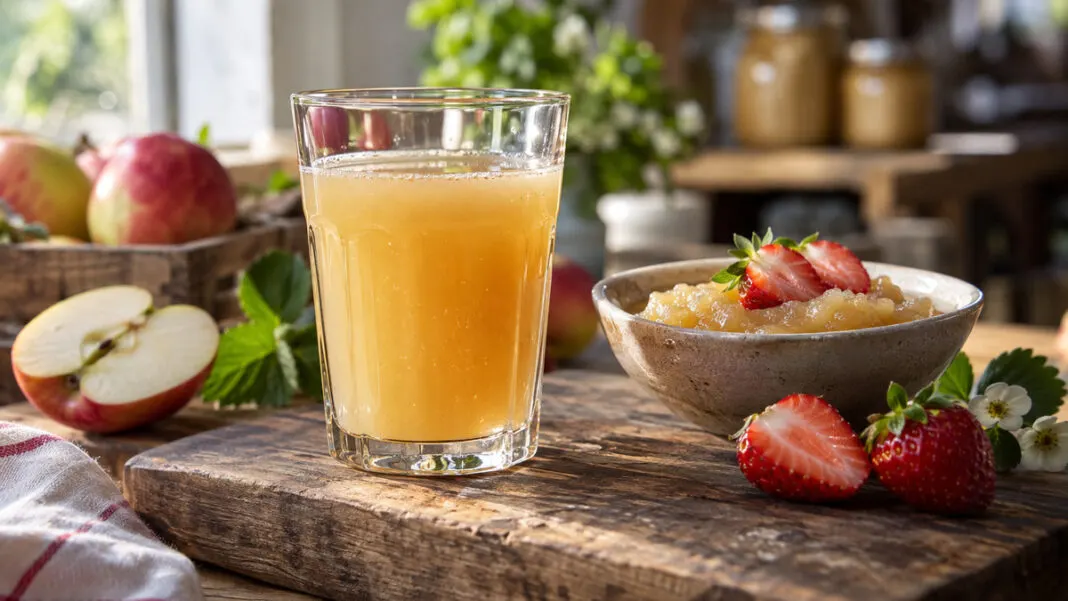 Glas Apfelsaft neben einer Schale Fruchtmus und halbierten Erdbeeren auf einem Holzbrett