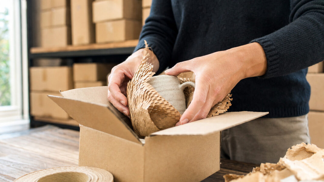 Hände verpacken eine Tasse in Graspapier und recycelte Pappe Hände verpacken eine Tasse in Graspapier und recycelte Pappe