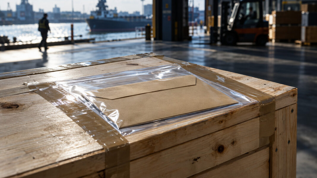 Proforma-Rechnung: Wofür man sie braucht und was draufstehen muss Ein sandfarbener Umschlag ohne Beschriftung steckt in einer Klarsichthülle, die mit breitem Klebeband auf dem Deckel einer rohen Kiefernholzkiste haftet, kühles Streiflicht auf Folie und Holz.