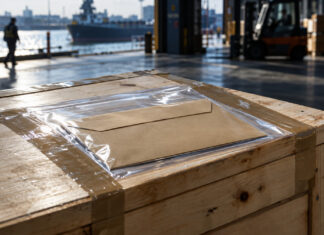 Ein sandfarbener Umschlag ohne Beschriftung steckt in einer Klarsichthülle, die mit breitem Klebeband auf dem Deckel einer rohen Kiefernholzkiste haftet, kühles Streiflicht auf Folie und Holz.